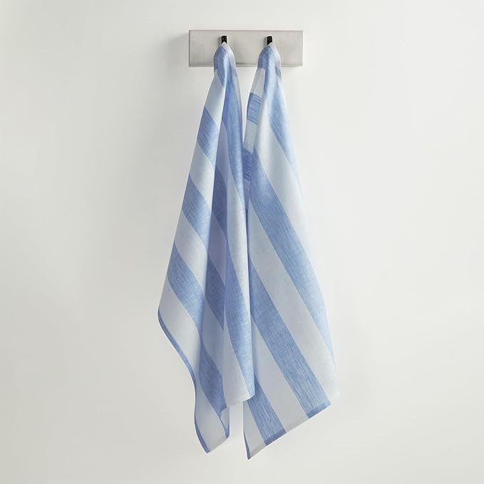 Solino Home Sky Blue and White Linen Kitchen Towels Set of 2-100% Pure Linen 17 x 26 Inch Cabana Stripe Tea Towels with Hanging Loop - European Flax Kitchen Dish Cloth - Quick Dry & Machine Washable
