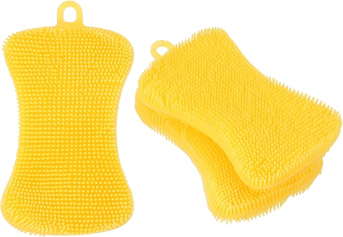 uxcell Silicone Dish Scrubber, 3 Pack Reusable Dishes Sponges Silicone Sponges Double Design for Kitchen Bathroom Cleaning Gadgets Accessories Countertop Cookware Pots Pans, Yellow