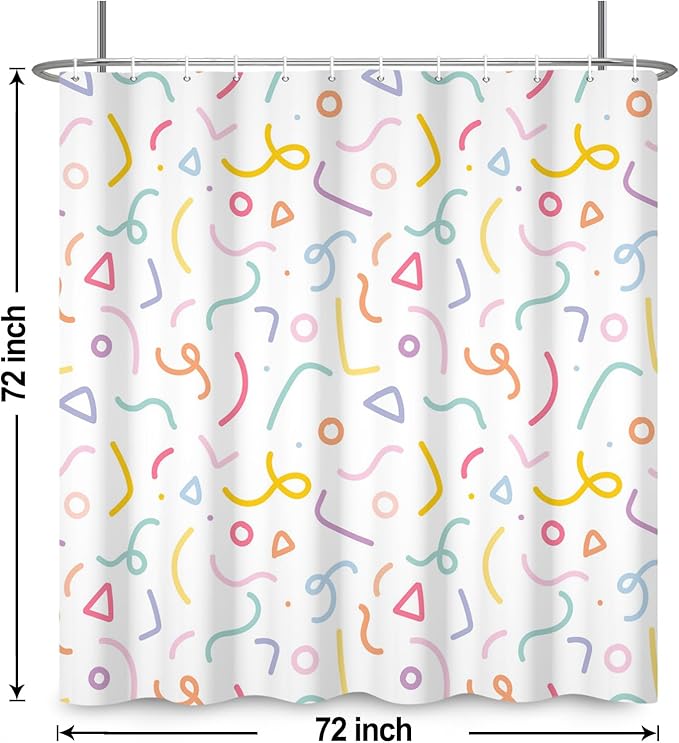 Cute Colorful Doodle Shower Curtains Playful Confetti Shower Curtain Decorative for Bathroom Pastel Waterproof Fabric Bathroom Decorations with Hooks 72x72 Inches