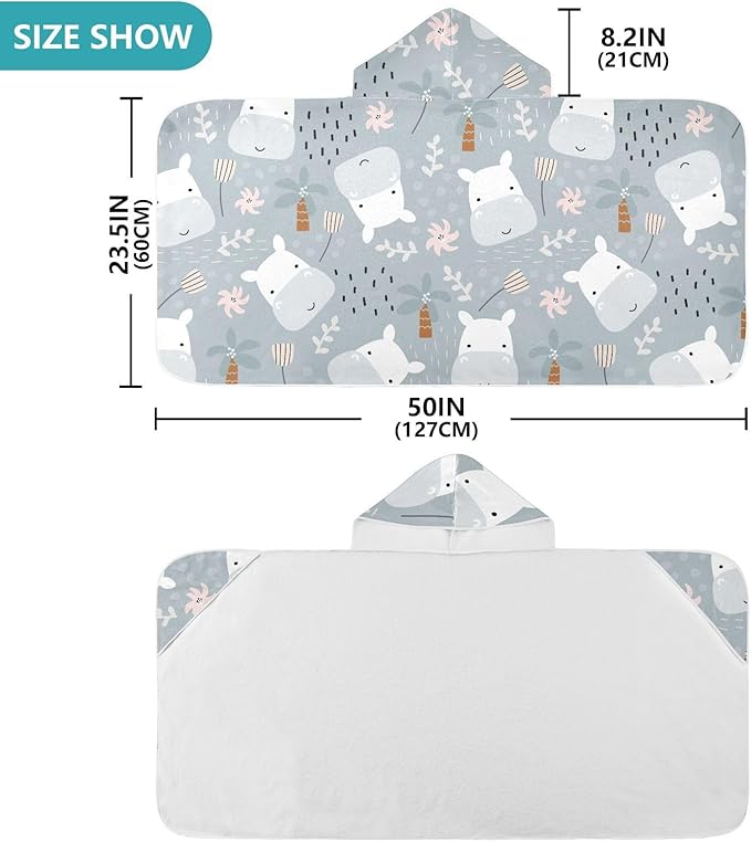 susiyo Kids Hooded Bath Towel Cute Hippo Tropical Plants Beach Towel for Kids 23.5 x 50 Inch Microfiber Soft Absorbent Quick Dry Bath Swim Pool Towel Wrap Poncho Bathrobe with Hood for Kids Toddler
