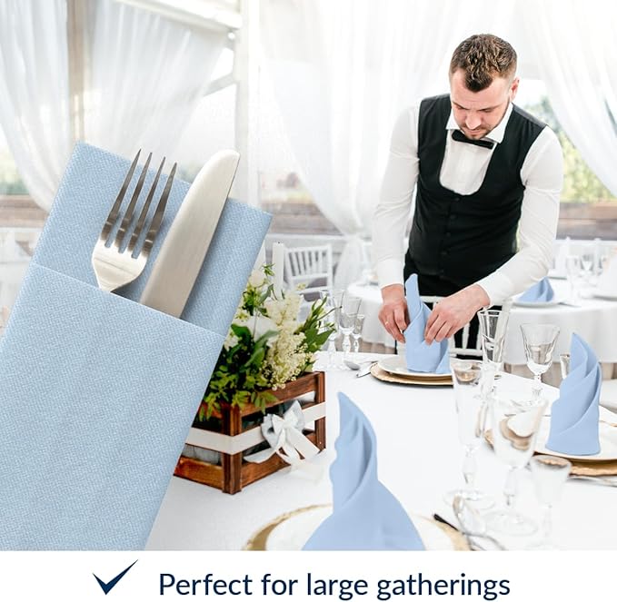 PAW - Baby Blue Linen Feel Napkins with Built-in Flatware Pocket, Airlaid Paper Pre-Folded Napkins for Silverware, Baby Shower, Gender Reveal, Wedding Party, Birthday, Monocolor, 50 Count