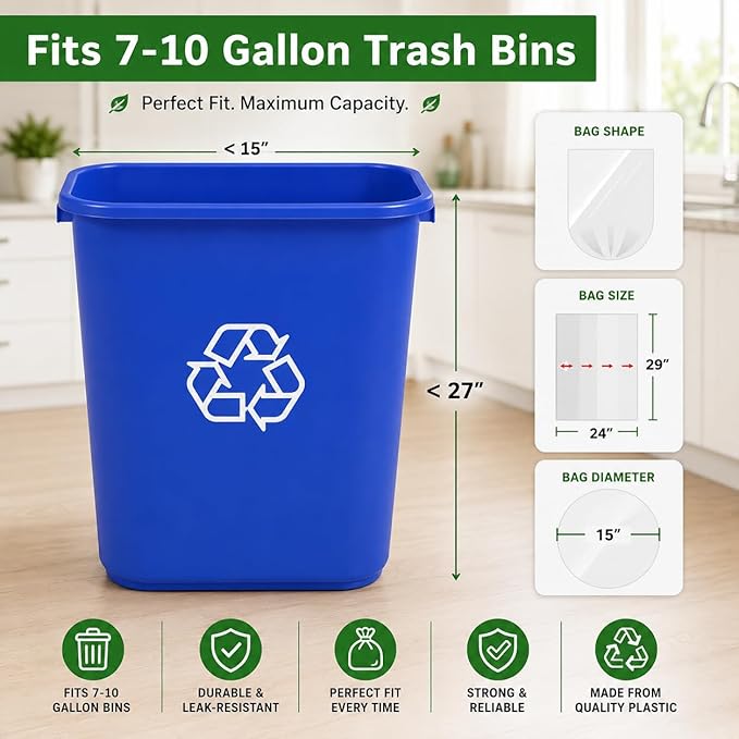 7-10 Gallon Clear Garbage Bags (110 Bags) 29" x 24" Extra Large Medium Kitchen Trash Bags Paper Shredder Bags Can Liners for Home and Office Bins, 110 ct. (Fits 7 Gal, 8 Gal, 9 Gal and 10 Gal Bins)