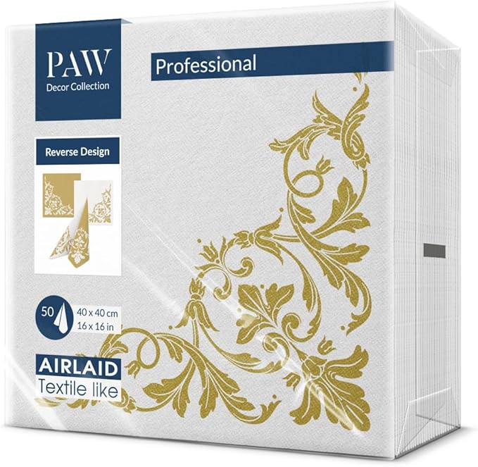 PAW - 50 Pieces Linen-Feel Paper Paper Napkins 16" x 16", Disposable Cloth-Like Napkins with Reverse Gold Design, Dinner Napkins for Party, Wedding, Christmas