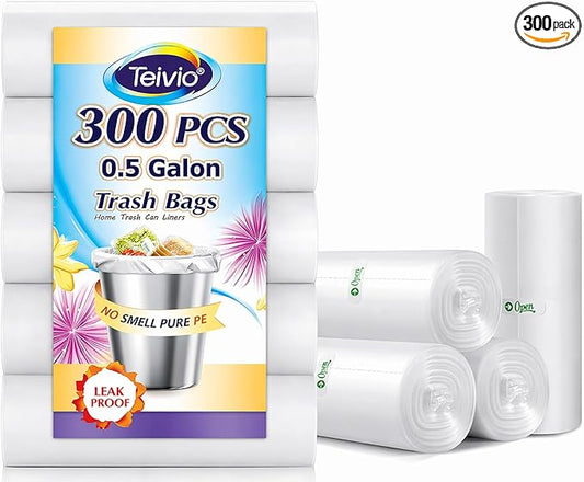 0.5 Gallon Mini 11" x 12" Trash Bags, Tiny Bathroom Garbage Can Liners by Teivio, Small Plastic Bags for Desktop Trash Bin/Dog/Poop Car, Fit 2 Liters or Less Can (300 Counts, Clear)