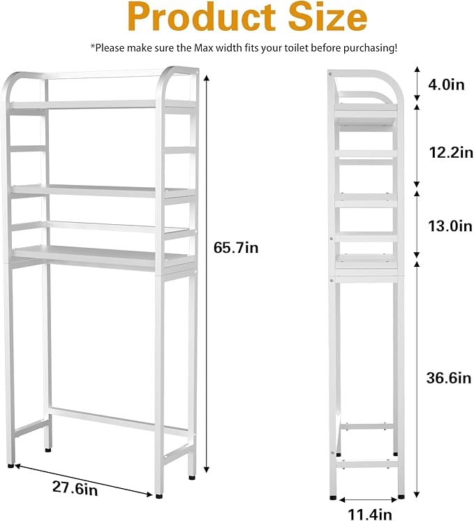 3-Tier Over The Toilet Storage Rack, Freestanding Bathroom Organizer Metal Frame Toilet for Small Spaces, Bathroom, Balcony, Laundry (White)