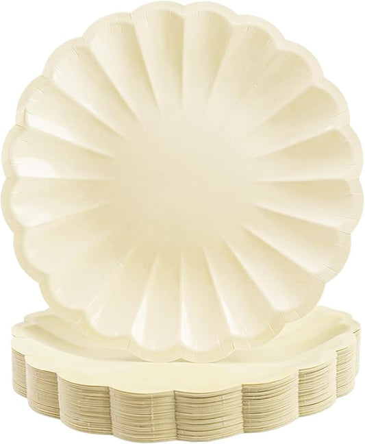 50Pcs Large Scalloped Cream Paper Plates 9Inch Shell Edge Dinner Plates for Cake Salad Fruit Disposable Dinner Serving Plates for Birthday Wedding Baby Shower Party Decorations
