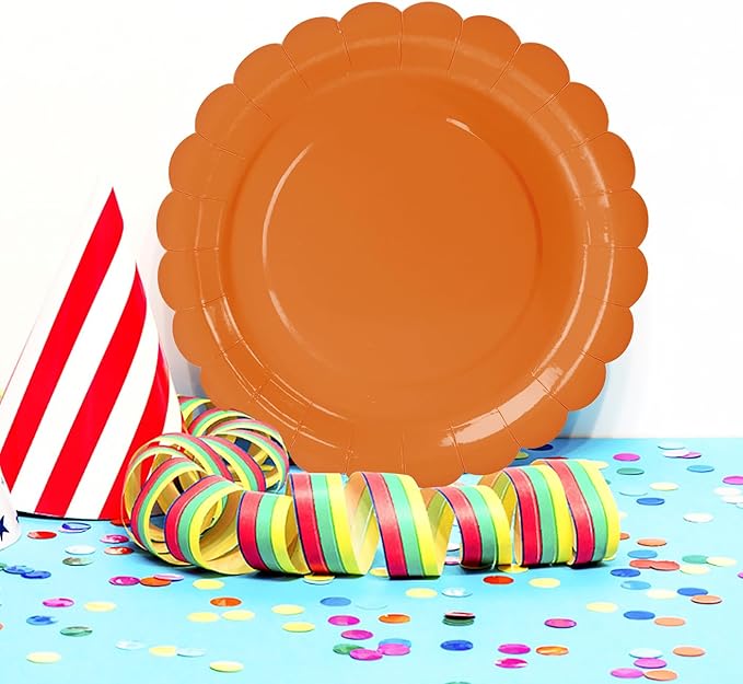 HEIPINIUYE 25 Pieces Orange Paper Plates 7 Inch Fall Orange Scalloped Plates Disposable Dinner Plates for Wedding Baby Shower Birthday Thanksgiving Party Dessert Plates