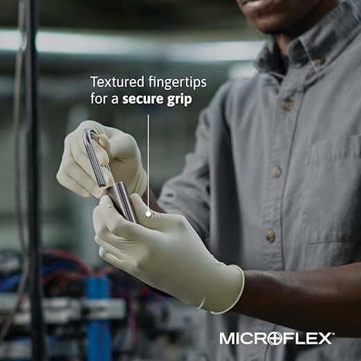 Ansell MICROFLEX Diamond Grip MF-300 Disposable Latex Gloves for Automotive, Healthcare, Machinery Industries - Med, Natural (Box of 100)