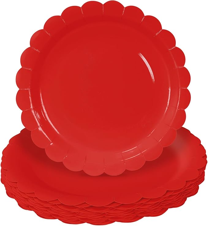 HEIPINIUYE 25 Pieces Red Paper Plates 7 Inch Red Scalloped Plates Disposable Dinner Plate for Wedding Baby Shower Birthday Party Dessert Plate