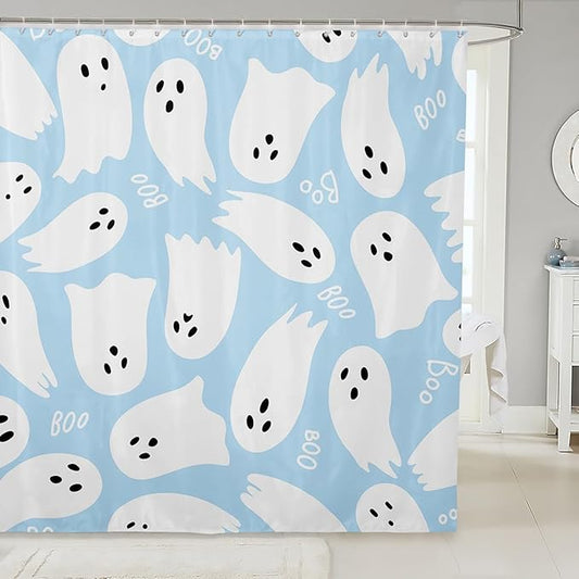 Castle Fairy Light Blue Watercolor Bathroom Curtains for Kids Teens Adults,Halloween Trick or Treat Shower Curtains,Kawaii Cute Ghost Bath Curtains with 12 Hooks,Waterproof,72" W x 78" L