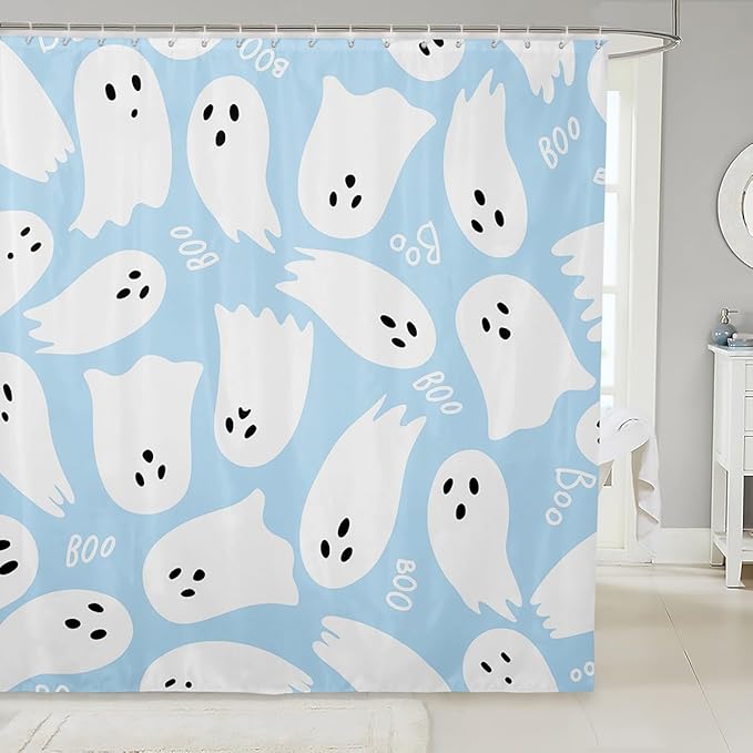 Halloween Trick or Treat Waterproof Bath Curtains with 12 Hooks Suits for Bathtub,Light Blue Watercolor Shower Curtains,Kawaii Cute Ghost Bathroom Curtains,78 Inch Long