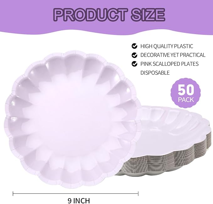 BHHQHH 50Pcs Disposable Scalloped Paper Plates 9 Inch Shell Edge Dinner Paper Plates for Wedding Baby Shower Birthday Party Bridal Party Decorations (Pink)