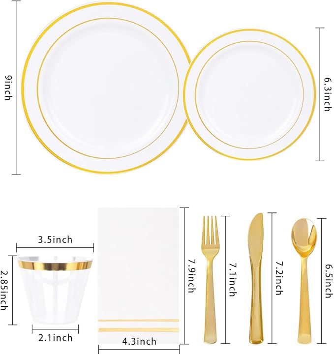 GATHER 700PCS Gold Plastic Plates - Whtie and Gold Disposable Dinnerware Sets 100Guest - 200 Disposable Plate, 300 Plastic Silverware, 100 Cups, 100 Napkins for Wedding & Party