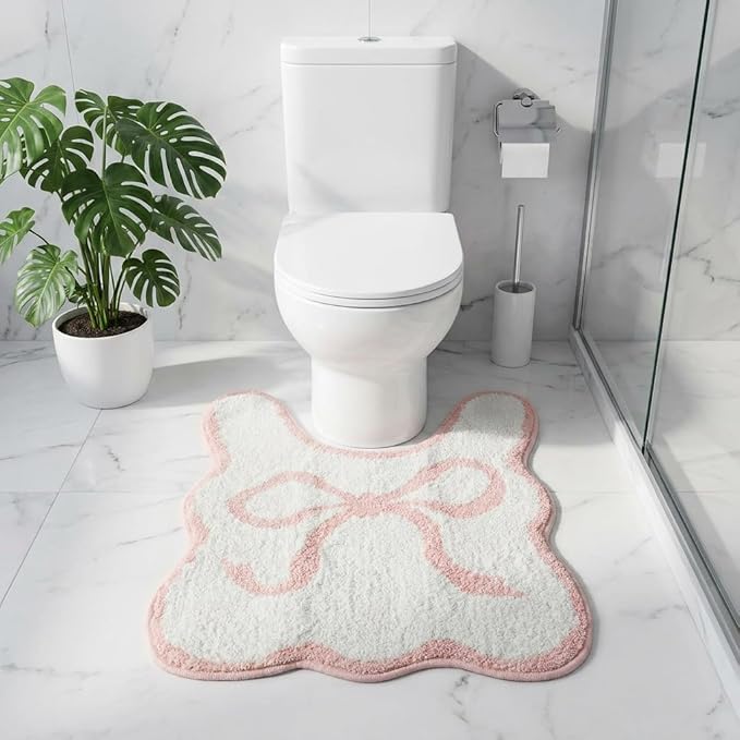 Pink Scalloped U-Shaped Toilet Mat 20x24, Cute Luxury Plush Bath Rug, Soft Absorbent Non-Slip Microfiber Floor Mat for Bathroom Decor and Toilet Base, Machine Washable