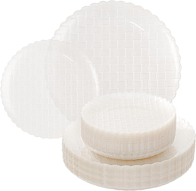 Festiva 60PCS Clear Ivory Plastic Plates - Heavy Duty Weave Pattern Fancy Disposable Plates -serve for 30 guests Include 30PCS 10" & 30PCS 7" Plates for Bithday &Easter Party(Ivory)