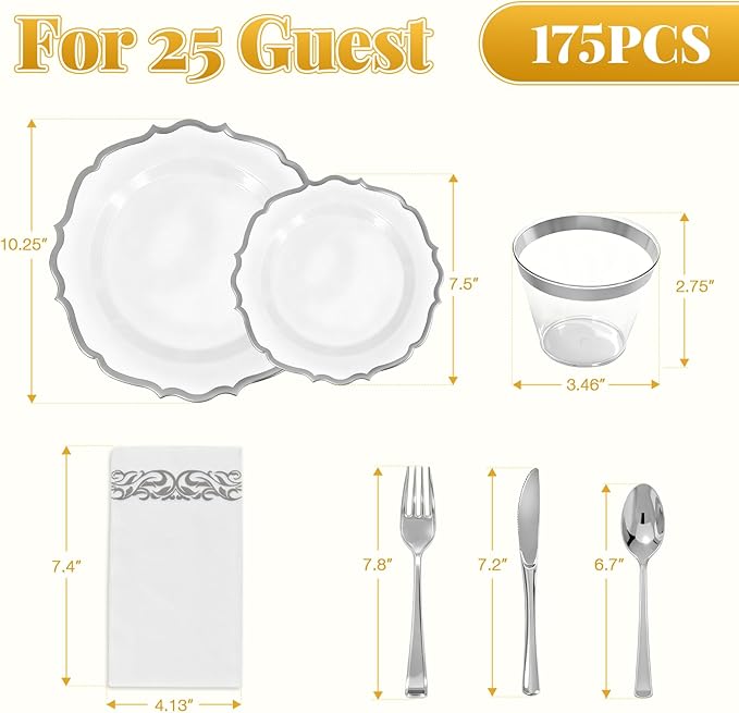 175 Plastic Dinnerware Set Silver Disposable Dinnerware Set for 25 Guests Include 50 Plastic Plates,25 Silverware Set 25 Cups and 25 Napkins for Party Wedding Thanksgiving