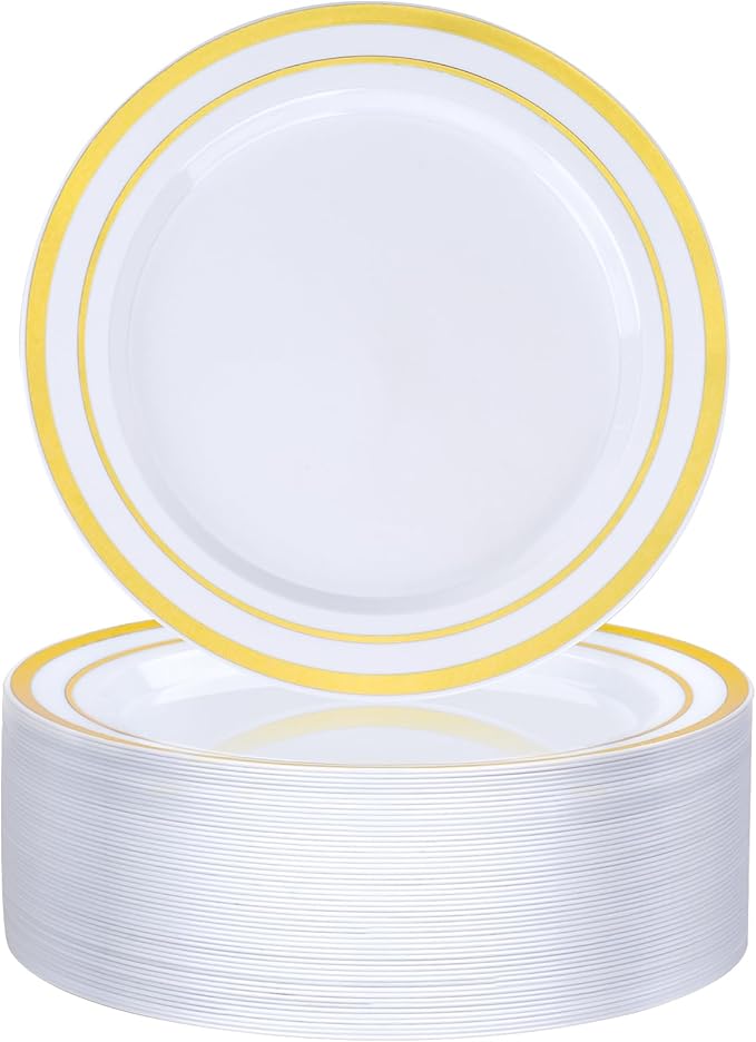 BESTVIP 50PCS 7 Inch Gold Plastic Plates, Small Disposable Dessert Plate with Gold Rim, Small Heavy Duty Disposable Plastic Plates for Party, Wedding and Birthday