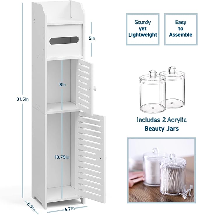 Bathroom Storage Organizer - Floor Standing with Shelves - Includes 2 Apothecary Jars - Tall Bathroom Storage Cabinet for Toilet Paper, Towel & Other Bathroom Storage Accessories - White