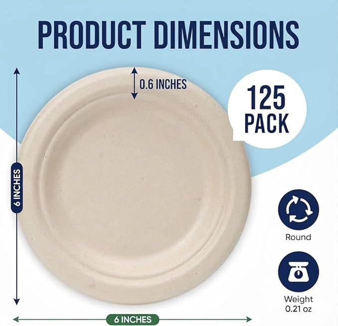 125 Pack 6 inch Paper Plates, Heavy-Duty Disposable Paper Plates 100% Compostable - Biodegradable Bagasse Dessert Plates Bulk for Party, Wedding, Snacks (Natural) (6 Inch 125 Pack Brown)