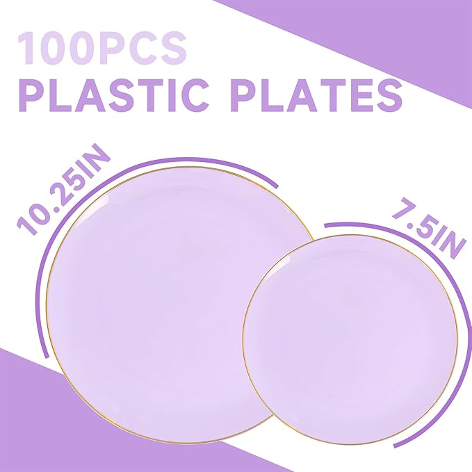 PULOTE 100PCS Purple Plastic Plates Disposable - Include 50 Dinner / 50 Dessert Plates Heavy Duty for Party, Wedding&Birthday