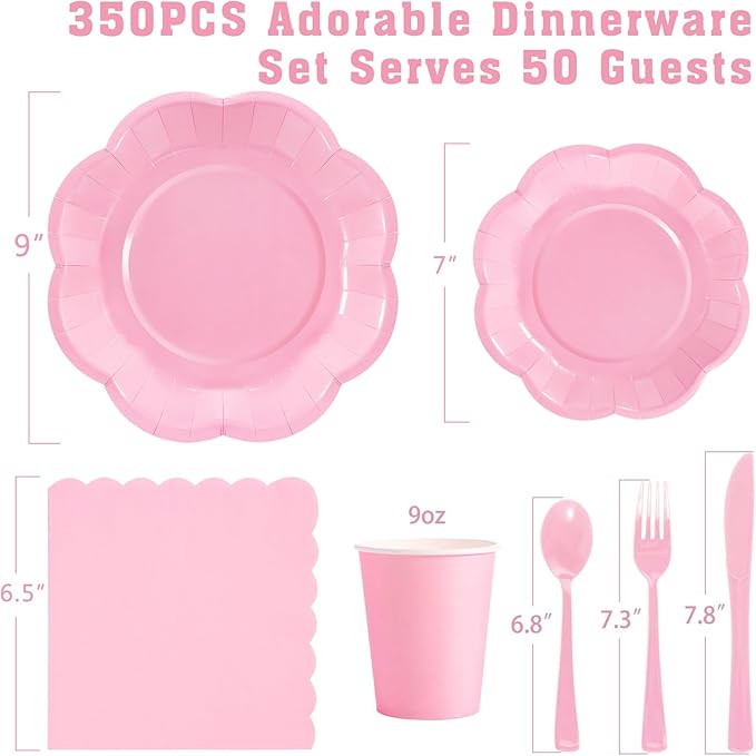 350PCS Light Pink Paper Plates and Napkins Set with Utensils Serve 50 Guests,Pink Party Decorations for Baby Shower Graduation Valentines Day Party Supplies