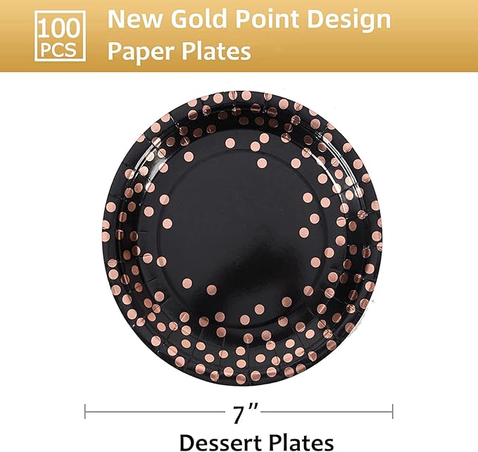 Black and Rose Gold Paper Plates,100 Pack Gold Dots Party Paper Plates,Disposable Party Supplies Dessert Plate for Birthday,Graduation,Retirement,Father's Day(7Inch)
