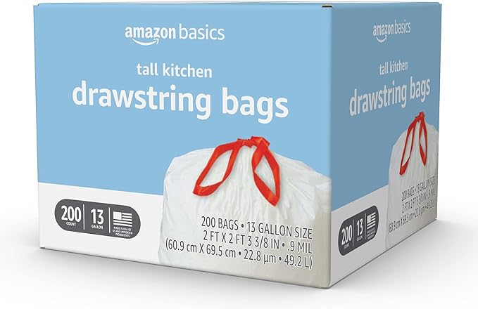 Amazon Basics Scented Trash Bags, Tall Kitchen Drawstring, Clean Fresh Scent, 13 Gallon, 200 Count, Pack of 1