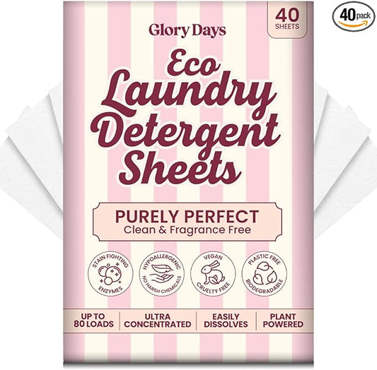 Glory Days Eco Laundry Detergent Sheets Fragrance Free – Enzyme-Powered, Sensitive Skin Safe, Plastic-Free – 40 Sheets 80 Loads HE Compatible