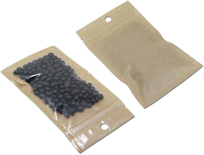 FERENLI 500Pcs Clear Brown Kraft Paper Plastic for Zip Reclosable Bag Lock Flat Heat Sealable Smell Proof Packaging Bags Zipper Lock Coffee Plastic Bags 9x15cm (3.54x5.91 inch)