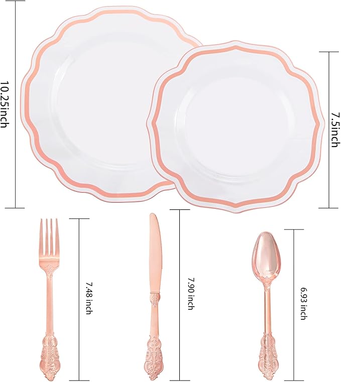 NOCCUR 150PCS Rose Gold Plastic Plates&Rose Gold Silverware-Include 30Dinner Plates, 30Salad plates, 90 Disposable Rose Gold Utensils- Ideal for Weddings/Party/Mother's Day