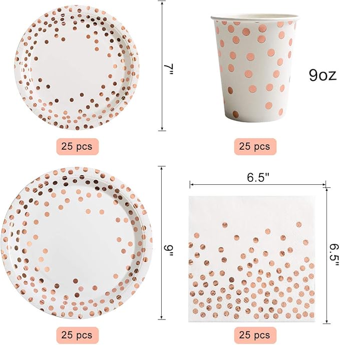 HOMIX 175 Pieces Rose Gold Party Supplies - Rose Gold Dot on White Paper Plates and Napkins Cups Silverware Serves 25 Sets for Wedding Bridal Shower Engagement Birthday Parties