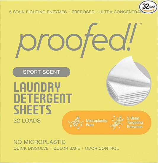 Proofed! Laundry Detergent Sheets, The Only 100% Plastic-Free Sheet, No PVA or PVOH, Hypoallergenic, Bio-Based Ingredients, Made in USA, Sport Scent, 1 Box, 32 Count