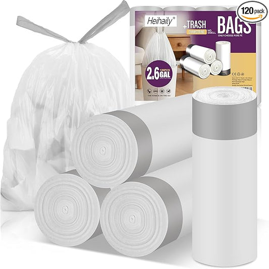2.6 Gallon Trash Bag Unscented - 120 Counts Small Garbage Bags Drawstring Bulk Heavy Duty Leak Proof Plastic Trash Can Liners for Kitchen, Office, Room Essentials Heihaily (Clear White, 4 Rolls)