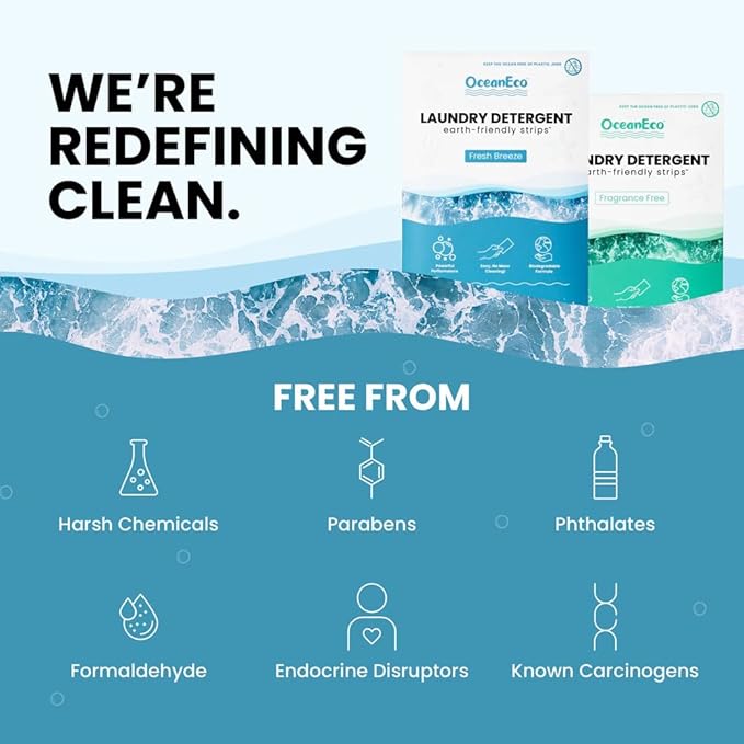 OceanEco™ Earth-Friendly Laundry Detergent Strips - 64 Loads | Ultra-Concentrated, Zero-Waste, Biodegradable, Cruelty-Free & Vegan (Fragrance Free)