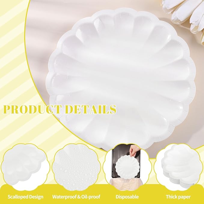 NatNarr 30 Pcs White Paper Plates 9.5 In White Plates Disposable Heavy Duty Scalloped Party Plate with Shell Edge for Wedding Birthday Bridal Shower Girl Baby Shower