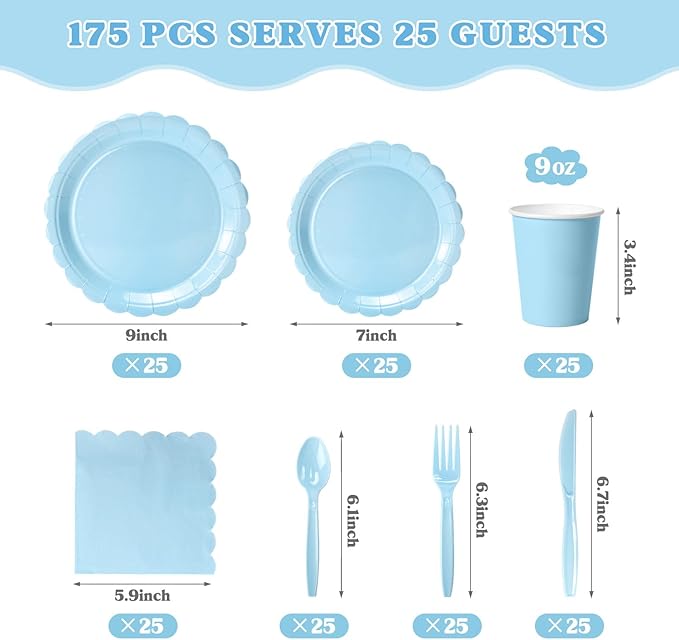 Vyntra 175 Pcs Light Blue Disposable Paper Plates and Napkins Set for 25, 9" Dinner Plates & 7" Dessert Plates, Tableware for Baby Shower, Birthday, Picnic, Party