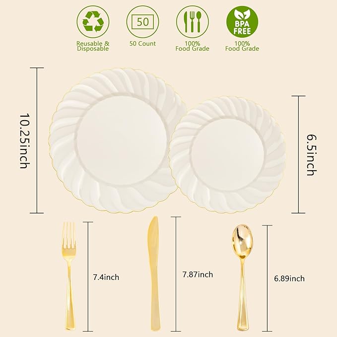 YOUBET 125PCS Scalloped Plastic Plates - Ivory Scalloped Disposable Plates - Gold Plastic Dinnerware Set Include 50 Plates, 75 Gold Silverware for Party & Wedding