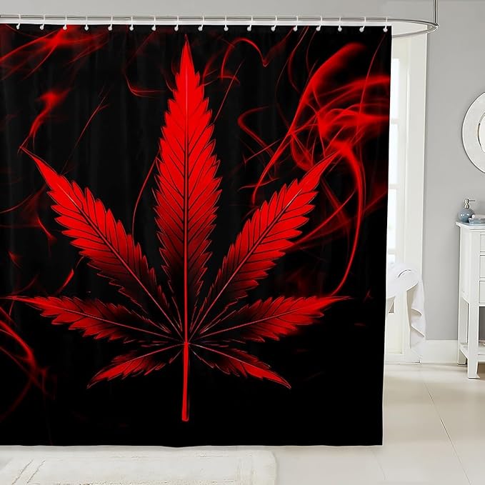 Red Marijuana Leaf Shower Curtains for Kids Boys Girls Teens Peace Art Shower Curtain with Hooks Red and Black Theme Polyester Bathroom Curtain Set 72Wx72L Waterproof