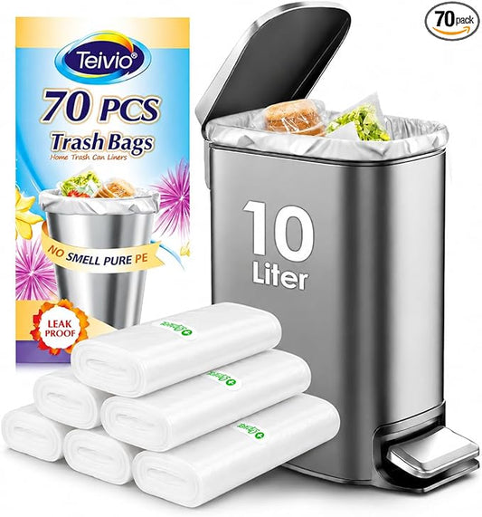 2.6 Gallon 70 Counts Strong Trash Bags Garbage Bags by Teivio, Bathroom Trash Can Bin Liners, Small Plastic Bags for Home Office Kitchen,fit 10 Liter, 2,2.5,3 Gal, Clear