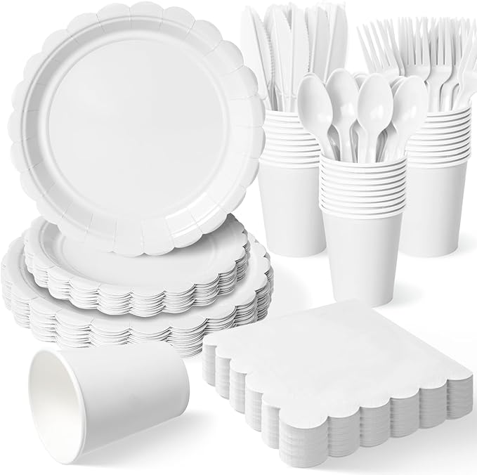 Vyntra 350 Pcs White Disposable Paper Plates and Napkins Set for 50, 9" Dinner Plates & 7" Dessert Plates, Tableware for Wedding, Bridal Shower, Birthday, Party