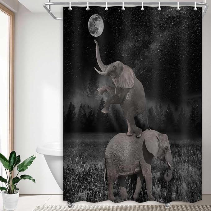 Boziqr Funny Shower Curtains for Bathroom, Cute Elephant Moon Forest Bath Curtain, Rustic Farmhouse Decor Polyester Fabric Fun Cool Animals Black 47 x 64 Inches