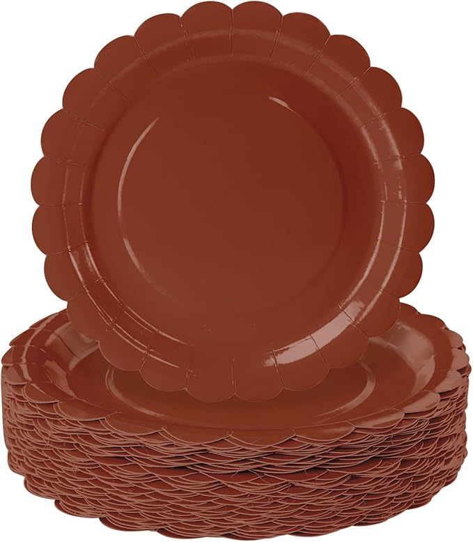 HEIPINIUYE 25 Pieces Brown Paper Plates 7 Inch Brown Scalloped Plates Disposable Dinner Plates for Wedding Baby Shower Birthday Fall Party Dessert Plates