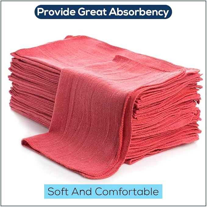 Simpli-Magic Cotton Shop Towels 14"x12" (90 Pack) – Reusable Cleaning Shop Rags for Automobiles, Industries, Garage and Homes (Red)
