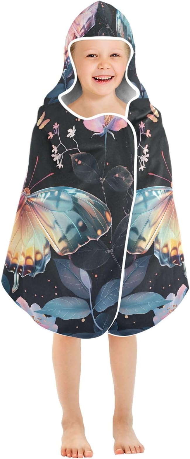 Hooded Towel for Kids Colored Butterfly Surrounded by Floating Spring Leaves Beach Wrap Bath Towels 50x23.5in