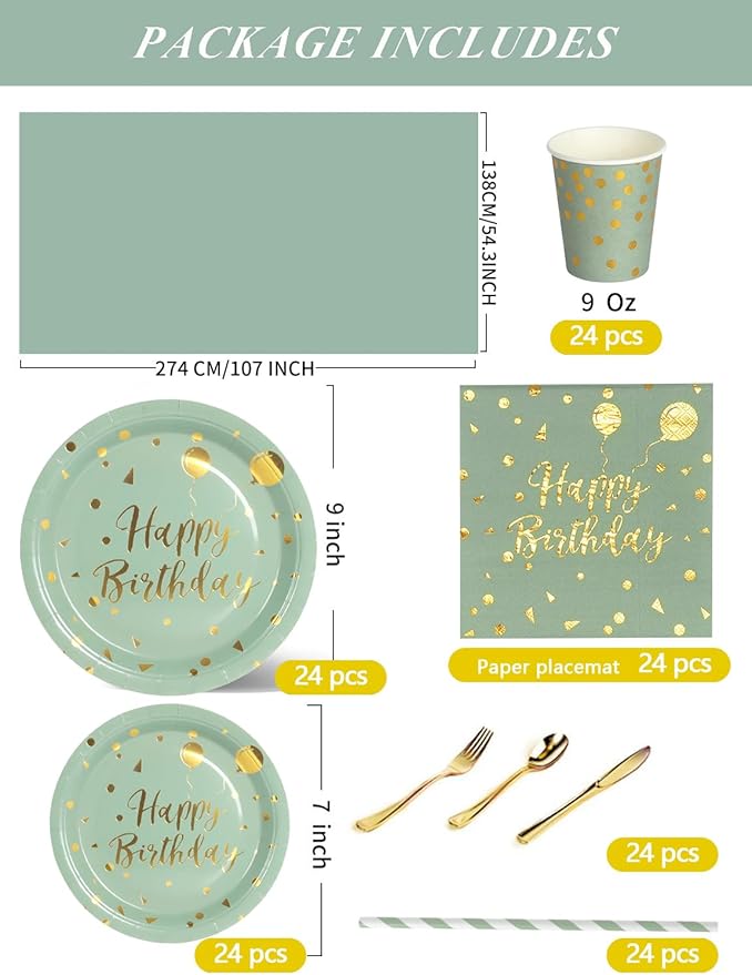 Nkaiso Birthday Party Tableware Set, 161 Pieces Sage Green and Gold Disposable Plates Napkins Cups & Cutlery, Serves 20 for Adult Birthday, Baby Shower, Wedding