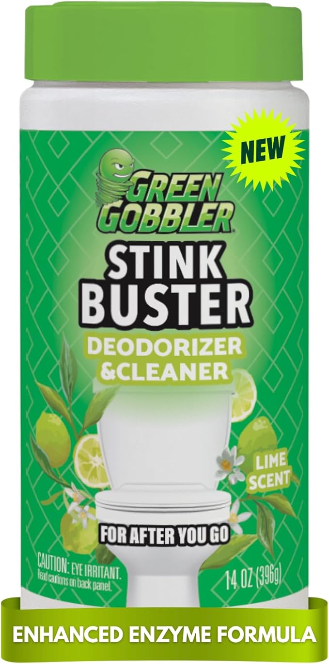 Green Gobbler Stink Buster Toilet Deodorizer & Cleaner For After You Go – Fresh Lime Scent, Bleach-Free, Enzyme Enhanced, Safe for Toilet, Pipes & Septic, Eliminates Odors & Residue, 15+ Uses