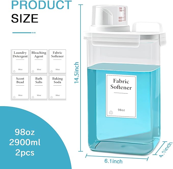 2 Pack Laundry Detergent Dispenser, 98oz Detergent Dispenser, Refluxable Laundry Detergent Container, Plastic Liquid Laundry Detergent Dispenser for Laundry Room Organization with 6 Labels