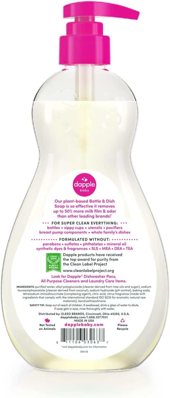 Dapple Baby Fresh Citrus Bottle & Dish Soap - (4 Pack) 16.9 fl oz - Cleans Baby Bottles, Sippy Cups, Pacifiers, Breast Pumps, & More - Gently Removes Milk Film & Odors - Includes 1 Pump