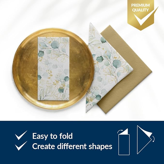 PAW - 50 Pieces Airlaid Paper Linen-Feel Napkins 16" x 16", Disposable Cloth-Like Napkins with Eucalyptus Design, Dinner Napkins for Kitchen, Party, Wedding, Barbecue, Picnic