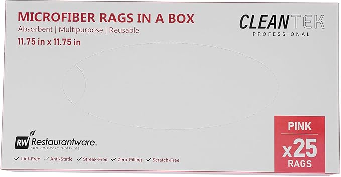 Restaurantware-Clean Tek Professional 11.81 x 11.81 Inch Microfiber Rags In a Box, 250 Absorbent Cleaning Cloths - No-Scratch, Pink Microfiber Reusable Edgeless Cleaning Towels, Leaves No Streak